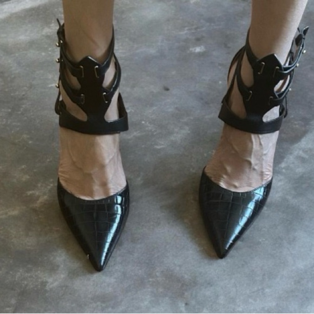 Sam Edelman Black Croc-Embossed Pointed Toe Ankle-Strap Heels